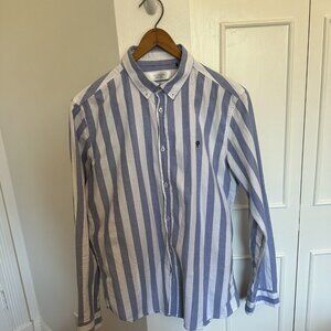 Celopman Men’s Blue White Striped Button-Down Shirt Size Medium 100% Cotton